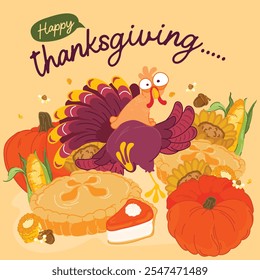 A turkey stands beside a basket of pumpkins and corn.
A pie and sunflower complete the festive look."Happy Thanksgiving"