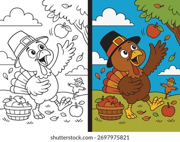 El pavo se para debajo de un árbol que alcanza hacia arriba para atrapar una manzana que cae. — Ilustración de página para colorear