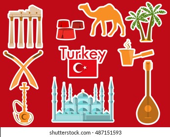 Turkey stickers. Turkish symbols: The Blue Mosque, the Agora, the Turkish hat, shisha, camel, scimitar, guitar. Patches elements Turkey. Vector illustration.