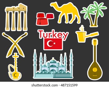 Turkey stickers. Turkish symbols: The Blue Mosque, the Agora, the Turkish hat, shisha, camel, scimitar, guitar. Patches elements Turkey. Vector illustration.