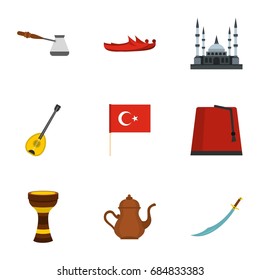 Turkey stuff icons set, flat style