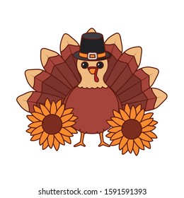 Turkey and sunflowers of thanksgiving day design, Autumn season holiday greeting and traditional theme Vector illustration