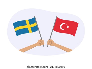 Turkey and Sweden flags. Swedish and Turkish national symbols. Hand holding waving flag. Vector illustration.