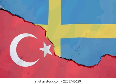 Turkey and Sweden with wall crack concept, Qur'an burning in Sweden 2023 people anger concept issue