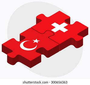 Turkey and Switzerland Flags in puzzle isolated on white background
