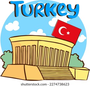 turkey symbol mausoleum and turkish flag cartoon vector