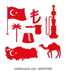 Turkey symbol set. Turkish national icon. State traditional sign. Map and flag of country. Turk and lira. Camels and palm trees. Fez and hookah. Patriotic attraction