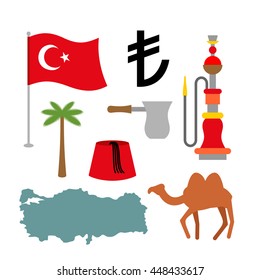 Turkey symbol set. Turkish national icon. State traditional sign. Map and flag of country. Turk and lira. Camels and palm trees. Fez and hookah. Patriotic attraction
