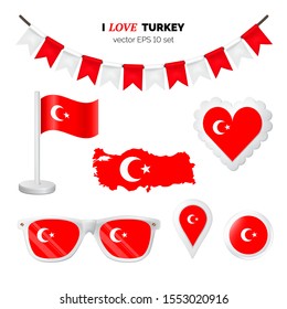Turkey symbols attributes. Heart, flags, glasses, buttons and garlands with civil and state Turkey colors. Vector illustration for your graphic design.