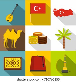 Turkey symbols icon set. Flat style set of 9 Turkey symbols vector icons for web design