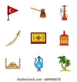 Turkey symbols icons set. Cartoon set of 9 turkey symbols vector icons for web isolated on white background