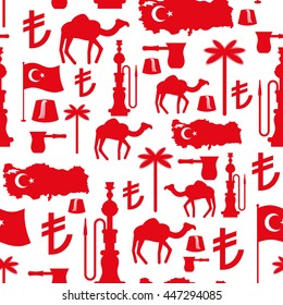 Turkey symbols seamless pattern. Turkish national ornament. State traditional background. Map and flag of country. Turk lira sign. Camels and palm trees. Fez and hookah. Patriotic texture