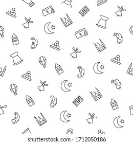 Turkey, symbols of turkey simple seamless vector pattern. Contains icons such as turkish glass, turkish delight, balloon, crescent, mosque, dervish, turkish lira and more.