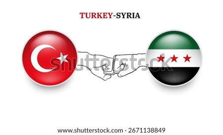 turkey and syria flags in circle with punches hand. turkey And syria clash. turkey And syria flags, isolated on white background. Vector icon set. Vector illustration.