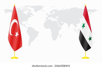 Turkey and Syria flags for official meeting against background of world map.