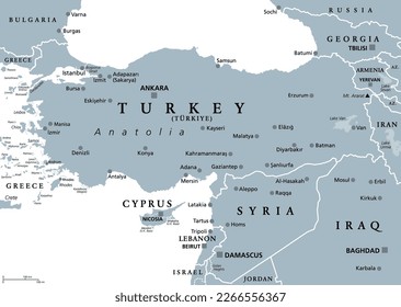 Región de Turquía y Siria, mapa político gris. Zona geográfica de Anatolia, península y masa terrestre que constituye la mayor parte del territorio de la Turquía contemporánea, con países vecinos y vecinos.