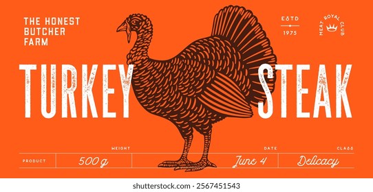 Turkey. Tag, label. packaging. Vintage retro print, black white turkey drawing, engrave old school style. Sketch artwork silhouette turkey on white background. Side view profile. Vector Illustration