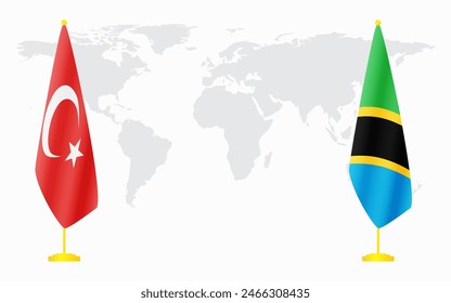 Turkey and Tanzania flags for official meeting against background of world map.