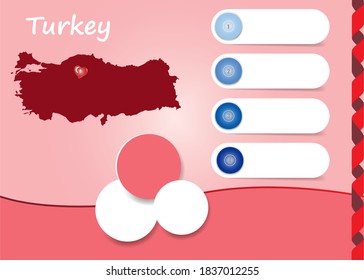 Turkey template vector showing blind map of Turkey with four blank labels and three circles ready for  text.