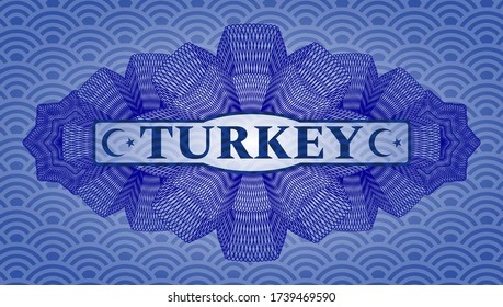 Turkey text inside Currency blue japan pattern realistic badge. Geometric luxurious background. Illustration. 