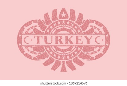 Turkey text inside Pink stroke realistic emblem. Rose color handsome background. Artistic illustration. 