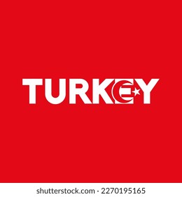 Turkey text lettering design with flag illustration on letter E. Turkey word with flag design. Turkey flag.