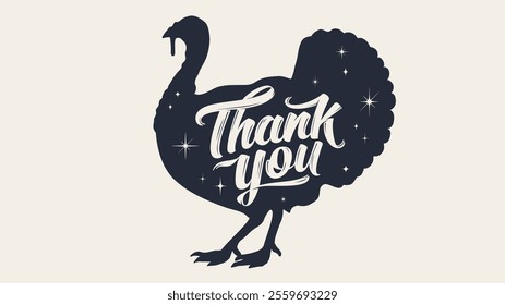 Turkey. Thank You. Hand lettering Thank You for holiday Thanksgiving Day. Vintage retro print, black white turkey drawing, grunge old school style. Side view profile. Vector Illustration