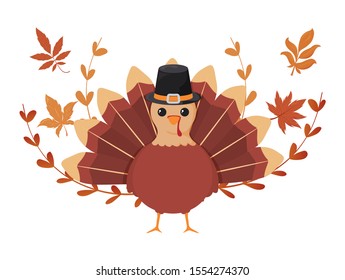 turkey of thanksgiving with autumn leaves on white background vector illustration design