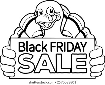 A turkey Thanksgiving cartoon bird Christmas mascot holding a black Friday Sale promotional sign board