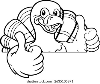 A turkey Thanksgiving cartoon bird Christmas mascot peeking around a sign with copy space