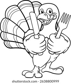 A turkey Thanksgiving cartoon bird Christmas mascot holding a knife and fork