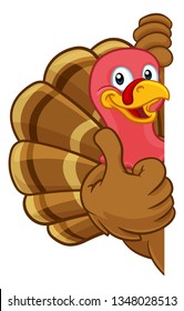 Turkey Thanksgiving or Christmas bird animal cartoon character peeking around a background sign giving a thumbs up