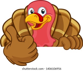 Turkey Thanksgiving or Christmas bird animal cartoon character peeking over a background sign giving a thumbs up