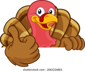 Turkey Thanksgiving or Christmas bird animal cartoon character peeking over a background sign giving a thumbs up