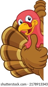 Turkey Thanksgiving or Christmas bird animal cartoon character peeking around a background sign giving a thumbs up