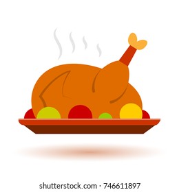 Turkey Thanksgiving, Christmas color icon with shadow. Holiday diner symbol flat design. Cute simple vector sign isolated on white background. Logo, print, card, label, web, banner, graphic concept