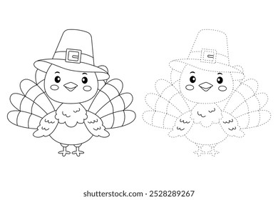 Turkey thanksgiving coloring pages for kids. Trace and color turkey. Turkey thanksgiving animal line art vector for coloring books. Kindergarten and preschool worksheets printable for kids. 