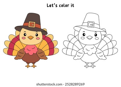 Turkey thanksgiving coloring pages for kids. Trace and color turkey. Turkey thanksgiving animal line art vector for coloring books. Kindergarten and preschool worksheets printable for kids. 