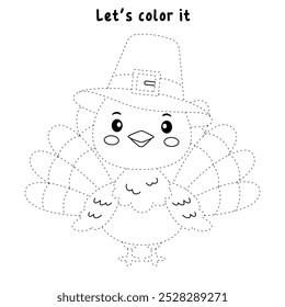 Turkey thanksgiving coloring pages for kids. Trace and color turkey. Turkey thanksgiving animal line art vector for coloring books. Kindergarten and preschool worksheets printable for kids. 