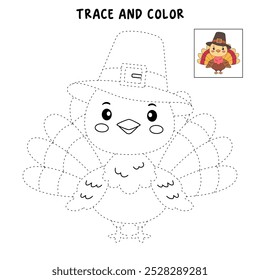 Turkey thanksgiving coloring pages for kids. Trace and color turkey. Turkey thanksgiving animal line art vector for coloring books. Kindergarten and preschool worksheets printable for kids. 