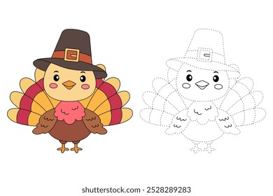 Turkey thanksgiving coloring pages for kids. Trace and color turkey. Turkey thanksgiving animal line art vector for coloring books. Kindergarten and preschool worksheets printable for kids. 