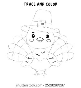 Turkey thanksgiving coloring pages for kids. Trace and color turkey. Turkey thanksgiving animal line art vector for coloring books. Kindergarten and preschool worksheets printable for kids. 