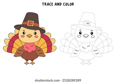 Dibujos para colorear de Acción de Gracias de Turquía para niños. Trazo y color pavo. Vector de arte de línea de animales de acción de gracias de Turquía para libros para colorear. Hojas de trabajo de jardín de infantes y preescolar imprimibles para niños. 