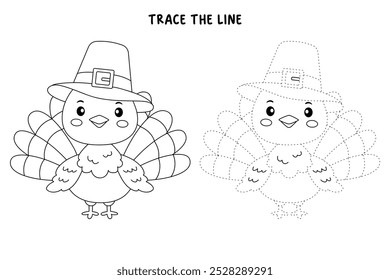 Turkey thanksgiving coloring pages for kids. Trace and color turkey. Turkey thanksgiving animal line art vector for coloring books. Kindergarten and preschool worksheets printable for kids. 