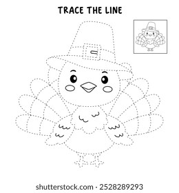 Turkey thanksgiving coloring pages for kids. Trace and color turkey. Turkey thanksgiving animal line art vector for coloring books. Kindergarten and preschool worksheets printable for kids. 