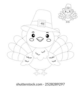 Turkey thanksgiving coloring pages for kids. Trace and color turkey. Turkey thanksgiving animal line art vector for coloring books. Kindergarten and preschool worksheets printable for kids. 