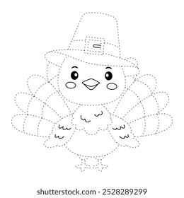 Turkey thanksgiving coloring pages for kids. Trace and color turkey. Turkey thanksgiving animal line art vector for coloring books. Kindergarten and preschool worksheets printable for kids. 