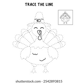 Turkey thanksgiving coloring pages for kids. Trace and color turkey. Cute turkey thanksgiving animal line art vector for coloring books. Kindergarten and preschool worksheets printable for kids. 