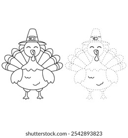 Turkey thanksgiving coloring pages for kids. Trace and color turkey. Cute turkey thanksgiving animal line art vector for coloring books. Kindergarten and preschool worksheets printable for kids. 