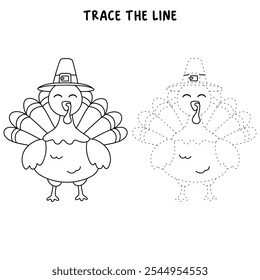 Turkey thanksgiving coloring pages for kids. Trace and color turkey. Cute turkey thanksgiving animal line art vector for coloring books. Kindergarten and preschool worksheets printable for kids. 